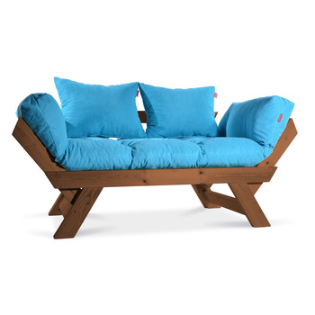 Mobildeco Kombin Wood Ahşap İki Kişilik Kanepe (Koyu Ceviz/Turkuaz)